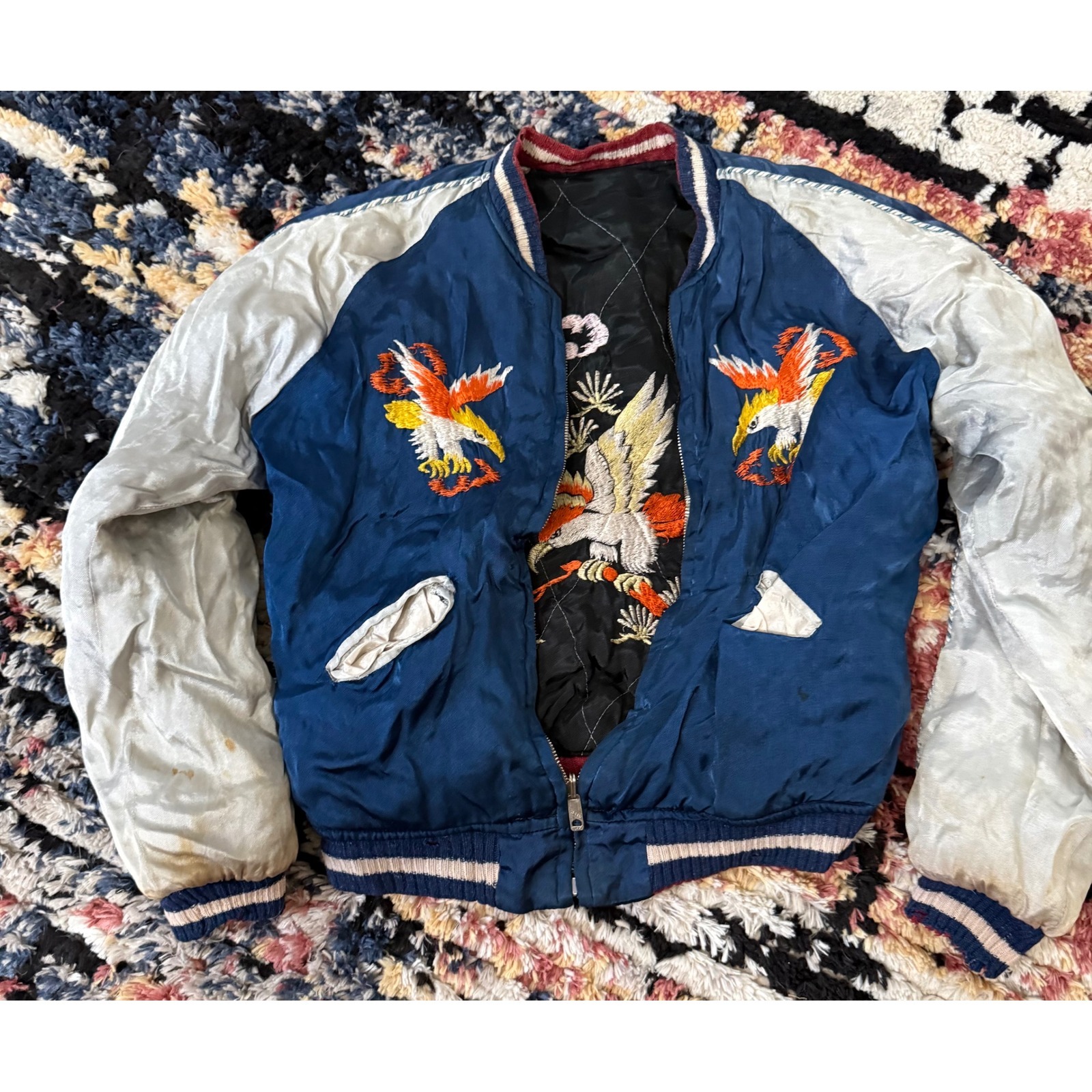 Vintage 1950s Japanese Souvenir Jacket Kids Reversible Sukajan Dragon Eagle Blue
